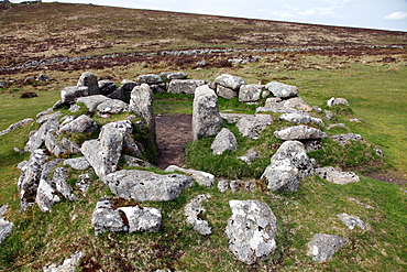 Ruins of early Bronze Age house, about 3500 years old, Grimspound, Dartmoor National Park, Devon, England, United Kingdom, Europe