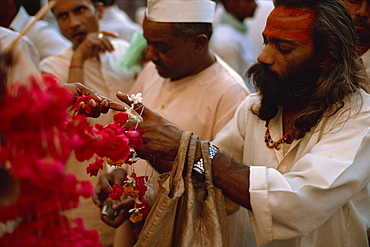 Men in flower market, northern India, India, Asia