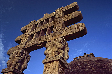 One of the four carved toranas (gateways) at Stupa One, Sanchi, UNESCO World Heritage Site, Madhya Pradesh state, India, Asia