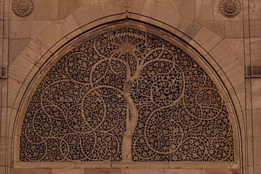 Close-up of carved stone window, Sidi Saiyad Mosque, Ahmedabad, Gujarat state, India, Asia