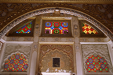 Original old stained glass windows and raised gilded plaster work, Mehrangarh Fort, Jodhpur, Rajasthan state, India, Asia 