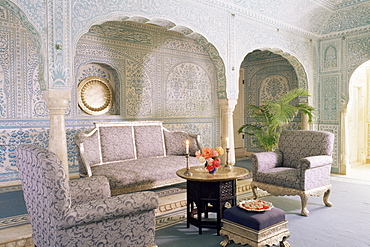 Seating area in an ante-room to the Grand Durbar Hall, with silver furniture originally from Nepal, Samode Palace, Samode, Rajasthan state, India, Asia 