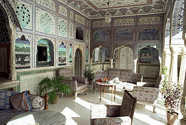 The exquisitely hand painted Sultan Mahal, one of the finest examples of its type, Samode Palace, Samode, Rajasthan state, India, Asia