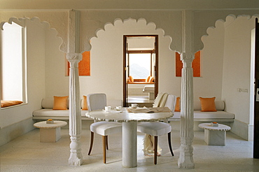 Sitting and dining area in one of the guest bedrooms, Devi Garh Fort Palace Hotel, Devi Garh, near Udaipur, Rajasthan state, India, Asia