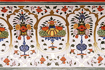 Detail of the fine wall paintings, The City Palace, Jaipur, Rajasthan state, India, Asia