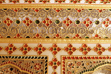 Detail of the coloured glass and mirror work in the audience chamber in the palace, The City Palace, Jaipur, Rajasthan state, India, Asia 