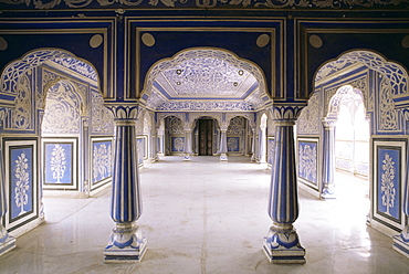 Stylized foral motif, chalk blue and white painted Mahal (hall), the City Palace, Jaipur, Rajasthan state, India, Asia