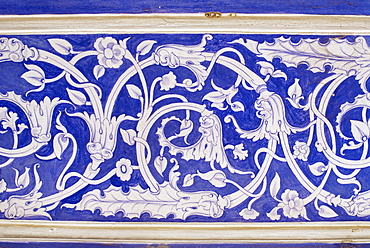 Abstract or stylized floral motif, chalk blue and white painted Mahal (hall), The City Palace, Jaipur, Rajasthan state, India, Asia