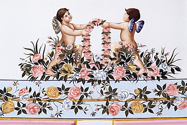 Detail of painted decoration, the Shiv Niwas Palace Hotel, Udaipur, Rajasthan state, India, Asia