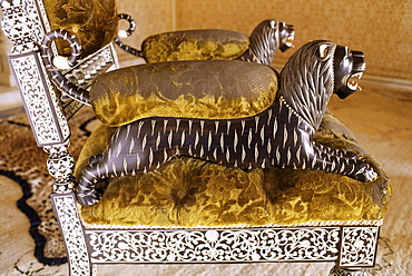 Ebony wood and ivory inlay detail on one of the pair of throne chairs, Sirohi Palace, Sirohi, Southern Rajasthan state, India, Asia