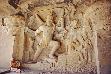 Rock cut panel showing the Hindu God Lord Shiva in Cave no 29, the Dhuma Lena Cave, at Ellora, Maharashtra State, India