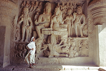 Rock cut panel depicting the Hindu God Lord Shiva and his wife Parvati, in Cave No 29, the Dhumar Lena Cave, at Ellora, Maharashtra State, India