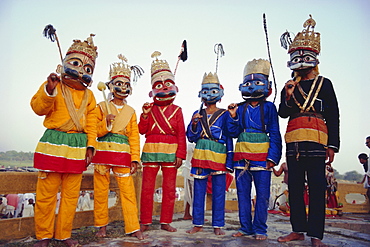 Group portrait of masked actors in the Ramlilla, the stage play of the Hindu Epic the Ramayana, Varanasi (Benares), Uttar Pradesh State, India