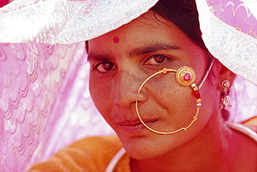 Portrait of a Rajasthani woman with nose ornament, Rajasthan State, India