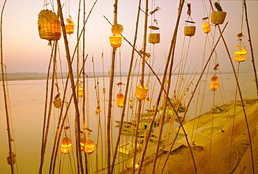 Akash Deep Puja, sky lantern festival on the Ganges (Ganga) River bank, Varanasi (Benares), Uttar Pradesh State, India