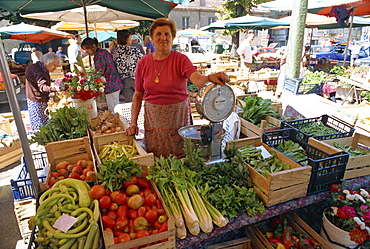 Woman selling fruit, vegetables and flowers on a stall in the street market in Asti, Piedmont, Italy, Europe