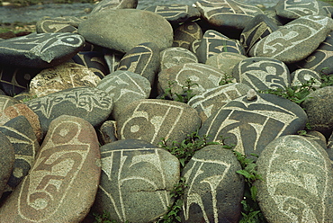 Cairn of individual prayers carved on stones, Tibet, China, Asia