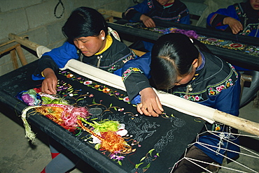 Commercial embroidery by Miao girls, Guizhou, China, Asia