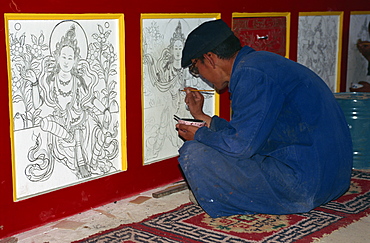 Rebuilding, Regong artist, Long Wu Monastery, Tongren, Qinghai, China, Asia