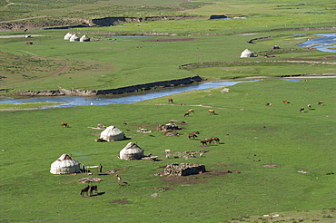 Kazak yurts in summer pasture, Altay Mountains, northeast Xinjiang, China, Asia