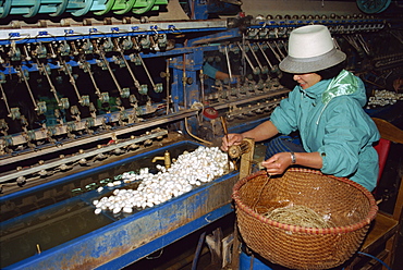 Silk for trousers, new silk factory, Mochau, North Vietnam, Indochina, Southeast Asia, Asia