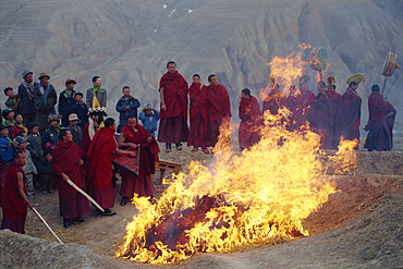 Burning evil at Losar (new year), Tongren, Qinghai, China, Asia