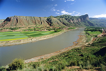 Rape and barley fields by the Hwang Ho, Yellow River, at Lajia, Qinghai Province, China