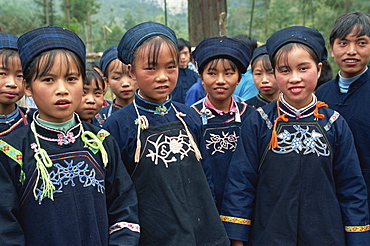 Everyday dress of Miao girls near Loudian, Guizhou, China, Asia