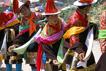 Tibetans dressed for religious shaman's ceremony, Tongren, Qinghai Province, China, Asia