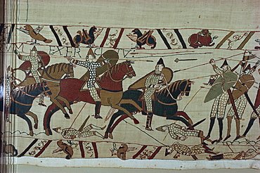 Norman cavalry clashes with Harold's foot soldiers forming shield wall, Bayeux Tapestry, Bayeux, Normandy, France, Europe