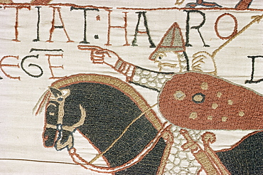 King Harold arriving from North to confront William, Bayeux Tapestry, Normandy, France, Europe