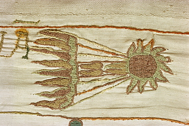 Detail of Halley's comet seen as a bad omen in February 1066, Bayeux Tapestry, Bayeux, Normandy, France, Europe