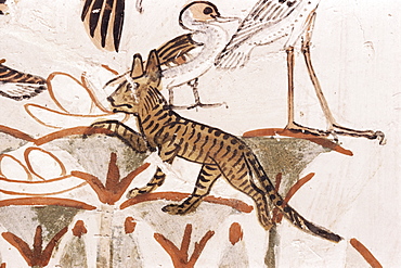 Cat climbing papyrus stem in duck hunting scene, Tomb of Menna, 18th dynasty, Sheikh Abd el-Kurna, Valley of the Nobles, Thebes, UNESCO World Heritage Site, Egypt, North Africa, Africa