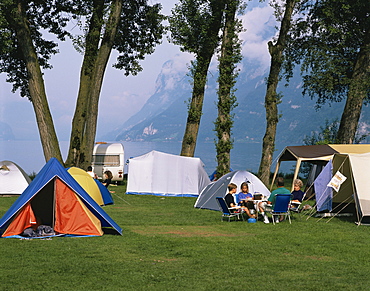 Camping at Wallensee, Churfirsten range near Wallenstadt, Switzerland, Europe