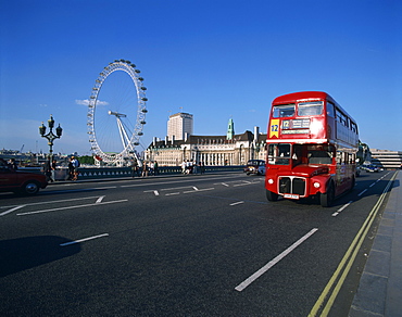 Old Routemaster bus before they were withdrawn, on Wesminster Bridge with London Eye in background, London, England, United Kingdom, Europe