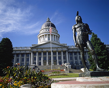 Statue of an American Indian in front of the State Capitol Building in Salt Lake City, Utah, United States of America, North America