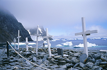 Grave site with memorials to whalers and scientists, Laurie Island, South Orkney Islands, Antarctica, Polar Regions
