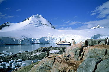 The cruise ship World Discoverer at anchor in Port Lockroy, once a Second World War British Station, now a post office, Antarctic Peninsula, Antarctica, Polar Regions