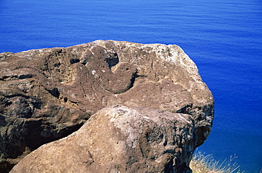 Close-up of the Bird Man petroglyph at Orongo ceremonial village on crater rim of Rano Kau on Easter Island (Rapa Nui), Chile, Pacific, South America