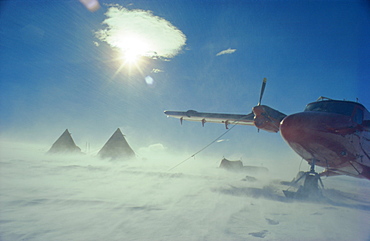 Aircraft on the ground in a blizzard, Antarctica