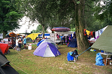 Adventure campsite on River Rhine, Basel, Alsace, France, Europe