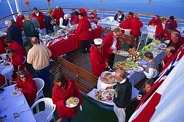 Passengers at a BBQ on cruise ship, Antarctica, Polar Regions