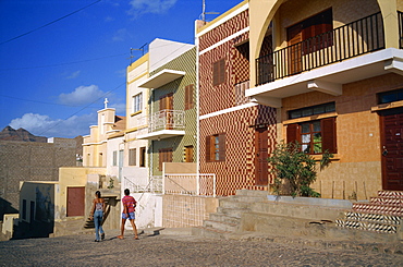 Houses, some decorated with tiles, on a street in Mindelo, on Sao Vicente Island, Republic of Cape Verde Islands, Atlantic, Africa