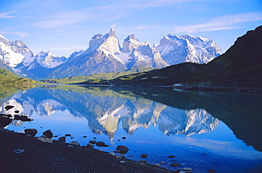 Chile, Patagonia, Torres Del Paine National Park, Cuernos Del Paine (2,600m) From Lago Pehoe 