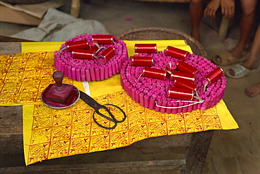 Firecrackers and firecracker paper, Nam O village, Vietnam, Indochina, Southeast Asia, Asia