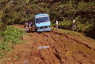 Tourist bus stuck in the mud, Arunachal Pradesh, India, Asia