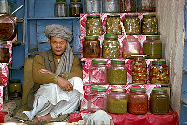 Portrait of a Pathan man at his stall selling pickles in Kabul, Afghanistan, Asia