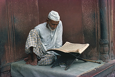 Man reading the Koran, Friday Mosque, Delhi, India, Asia