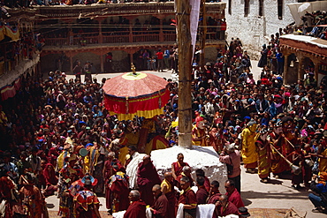 Procession on the first morning of the Hemis Summer Festival, Hemis Monastery, Ladakh, India, Asia