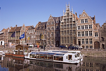 Old port and guild houses on the Graslei, River Lys (Leie) waterway, Ghent, Belgium, Flanders, Europe